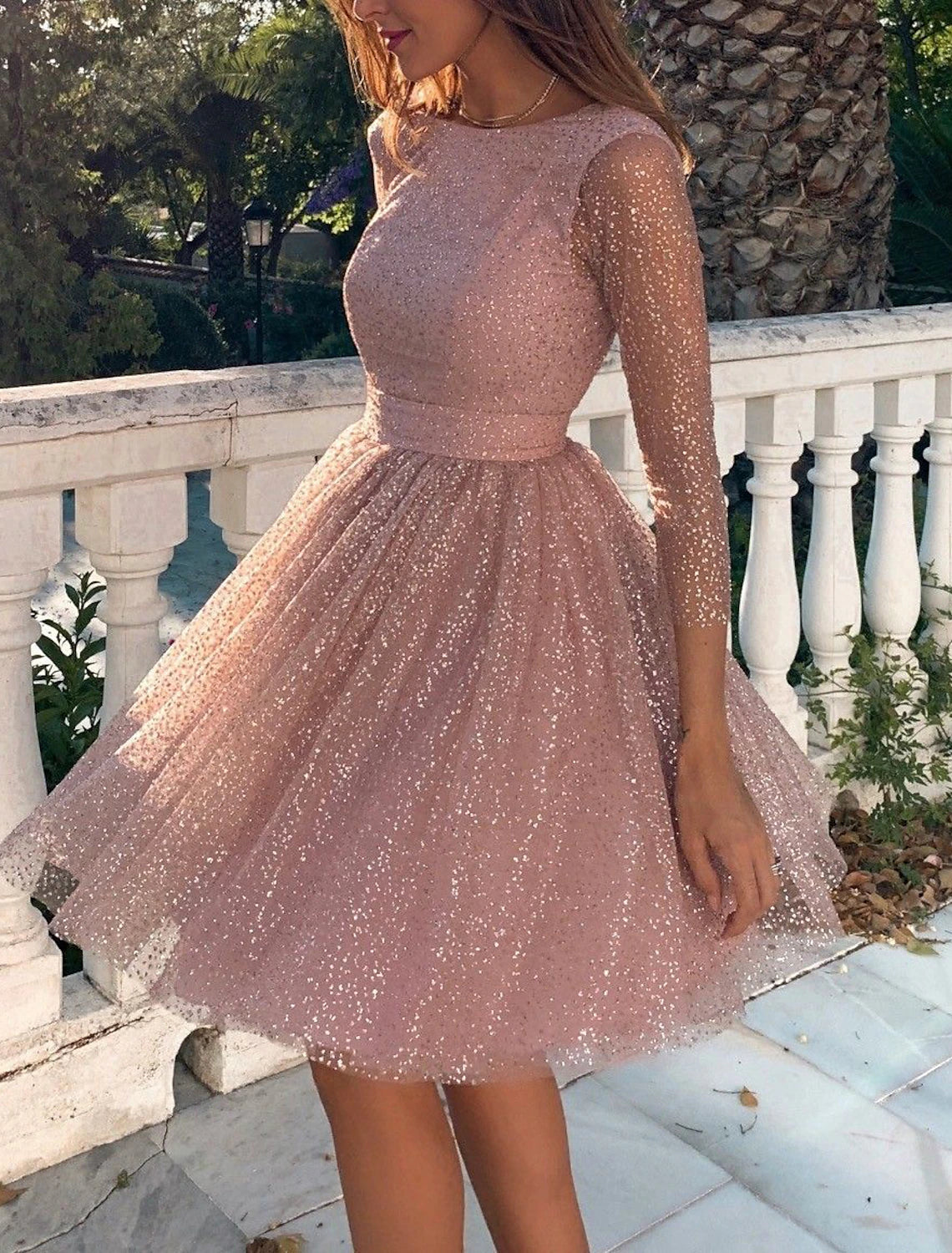 Small-Chill Party Dress -A-Line Glittering Cute Homecoming Cocktail Party Dress Dress Jewel Neck 3/4 Length Sleeve Knee Length Tulle with Pleats Sequin