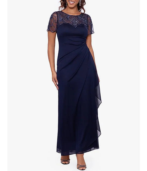 A-Line Illusion Boat Neck Short Sleeve Gown Mother of the Bride Dresse Cocktail Dresses