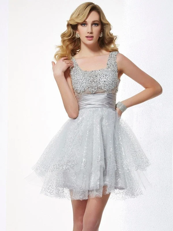 Date-Night Party Dress for Romance -A-Line/Princess Straps Sleeveless Beading Short Elastic Woven Satin Homecoming Dresses