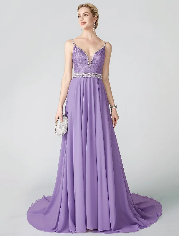 Satin-Finish Party Dress -Ball Gown Beaded & Sequin Holiday Cocktail Party Formal Evening Dress Plunging Neck Sleeveless Court Train Chiffon Metallic Lace with Sash / Ribbon Pleats Beading