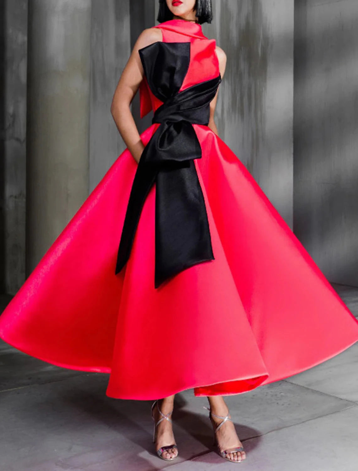 Soft Party Dress for Comfort -Ball Gown Color Block Celebrity Style Elegant Prom Formal Evening Birthday Dress Red Green Dress High Neck Sleeveless Ankle Length Satin with Bow(s)