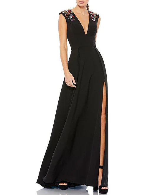 Fun-Date Party Dress -Beaded Shoulder Deep V-Neck Cap Sleeve Thigh High Slit A-Line Gown Formal Cocktail Dresses