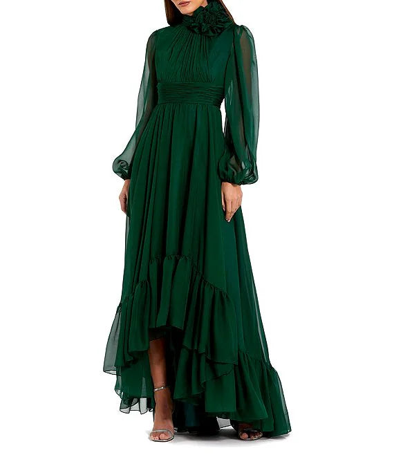 Plus-Size Party Dress on Discount -Chiffon 3D Flower Turtle Neck Illusion Long Balloon Sleeve Ruffle Hem High Low Gown Cocktail Dresses