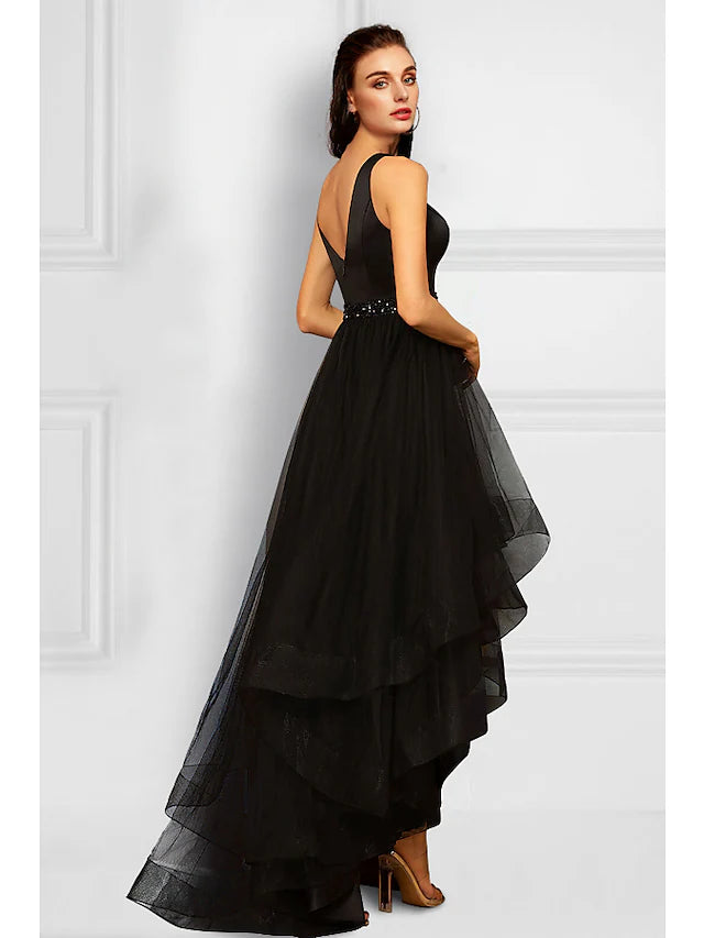 Evening Party Dress for Glam -Cocktail Dresses Elegant Dress Party Wear Asymmetrical Sleeveless V Neck Organza with Rhinestone Ruffles