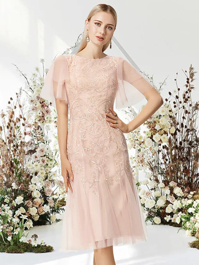 Cocktail Dresses Flirty Dress Graduation Knee Length Half Sleeve Jewel Neck Lace with Appliques