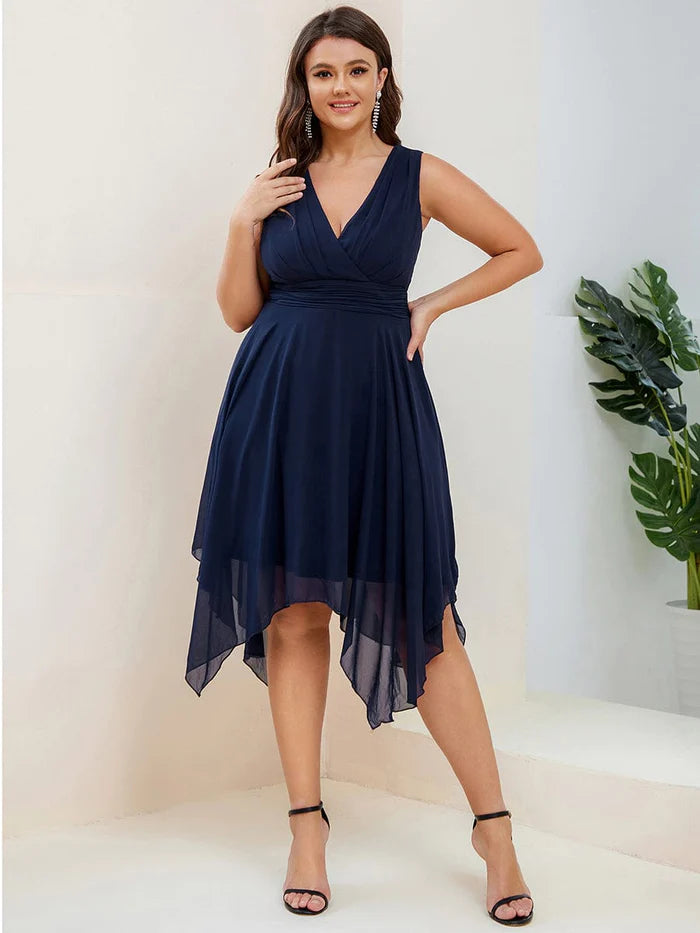 Custom Size Chiffon Double V Neck Asymmetrical Hem Dress