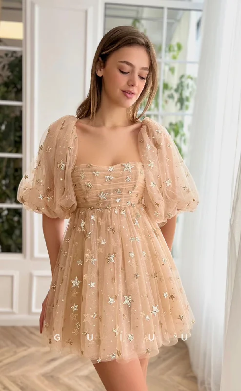 Trapeze Evening Dress -GH403 - A Line Sweetheart Long Sleeves Short Homecoming Dress with Pockets