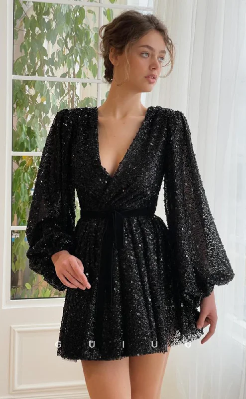 Night Evening Dress -GH404 - A Line V Neck Long Sleeves Black Short Homecoming Dress