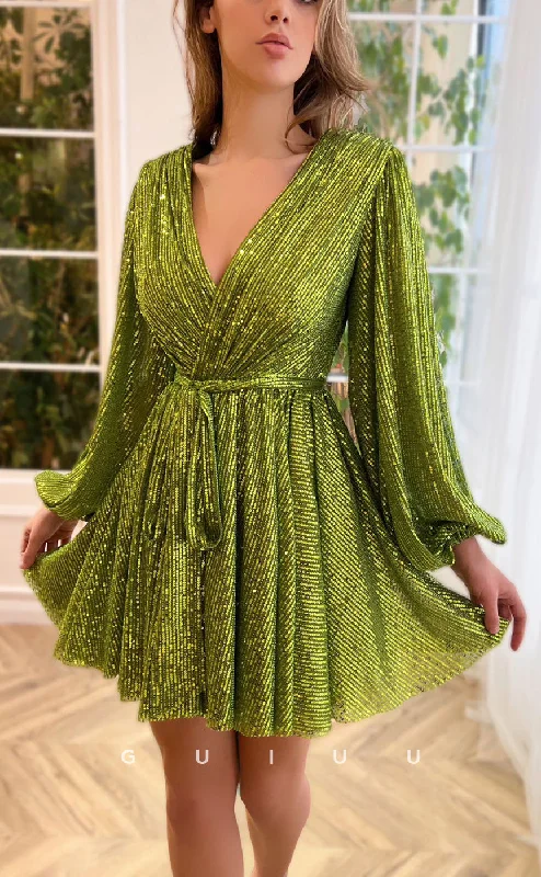 Gather Evening Dress -GH405 - A Line V Neck Long Sleeves Green Vintage Homecoming Dress