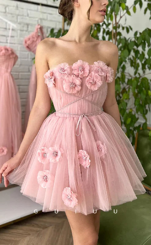 Chiffon Evening Dress -GH414 - A Line Strapless 3D Flowers Pink Cute Homecoming Dress