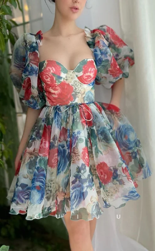 Open Evening Dress -GH415 - A line Sweetheart Half Sleeves Floral Vintage Homecoming Dress with Pockets