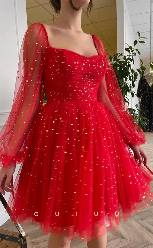 Shine Evening Dress -GH419 - A line Sweetheart Tulle Pleats Long Sleeves Red Short Homecoming Dress