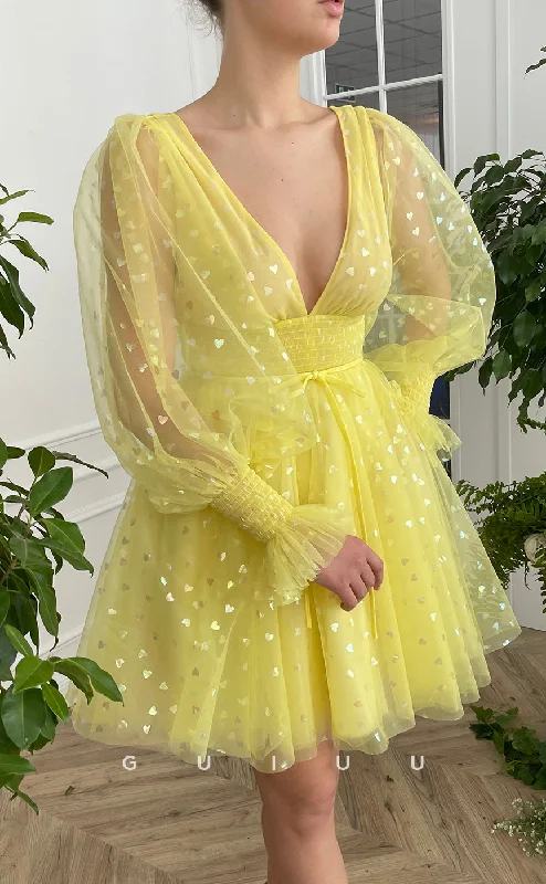 Pleat Evening Dress -GH421 - A Line V Neck Long Sleeves Yellow Cute Homecoming Dress