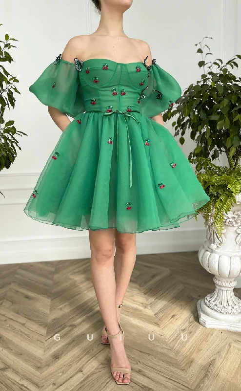 Flare Evening Dress -GH422 - A Line Sweetheart Short Sleeves Green Cute Homecoming Dress