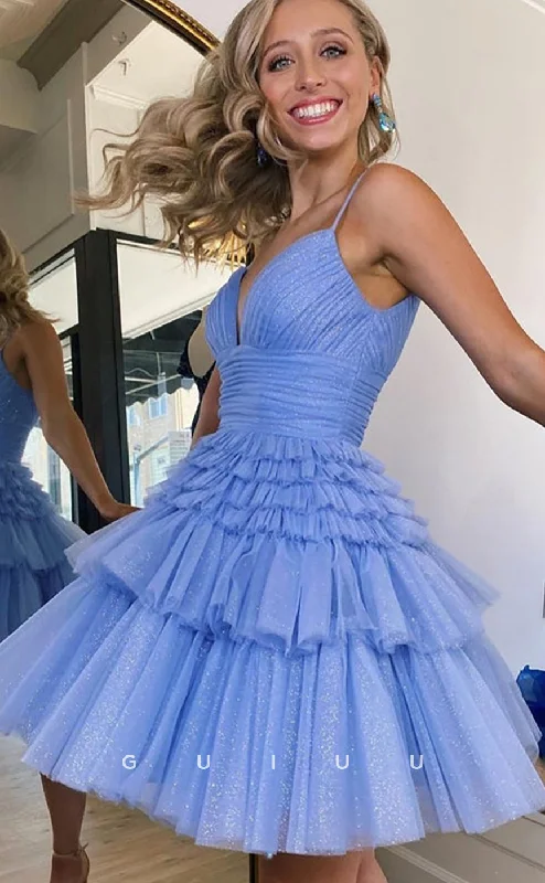 Velvet Evening Dress -GH427 - A Line V Neck Tulle Tiered Short Cute Homecoming Dress