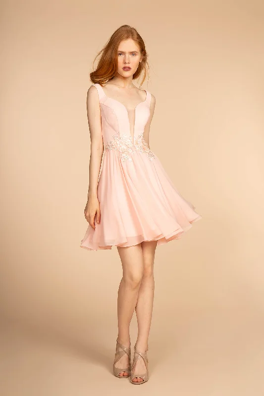 High-Neck-Design Party Dress -Elizabeth K - GS1617 - Illusion Deep V-Neck Chiffon Cocktail Dress - Short