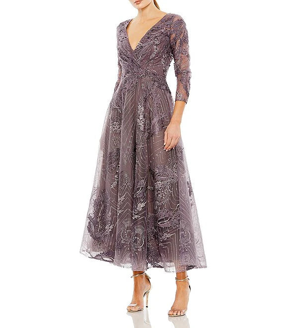 Warm-Velvet Party Dress -Embroidered Surplice V-Neck 3/4 Sleeve Tea Length A-Line Dress Cocktail Dresses