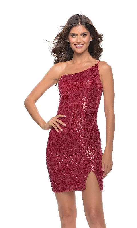 Plush-Cotton Party Dress -One-Shoulder La Femme Short Sequin Cocktail Dress