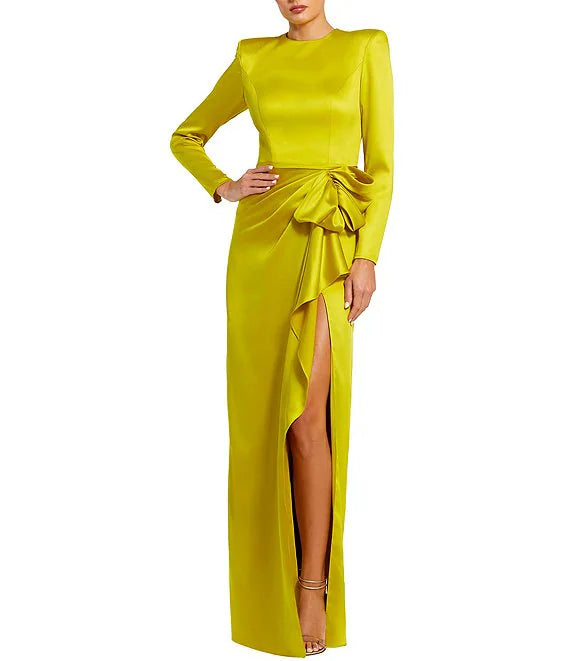 Green Party Dress for Bold Style -Long Sleeve Crew Neck Ruched Waist Draped Bow Thigh High Slit Satin A-Line Gown Cocktail Dresses