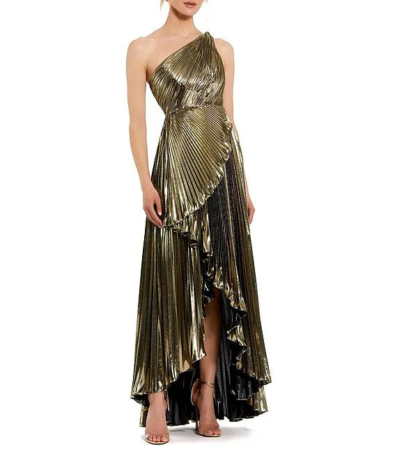 Button-Chill Party Dress -Metallic Pleated One Shoulder Sleeveless Faux Wrap Ruffle Hem High Low Gown Cocktail Dresses