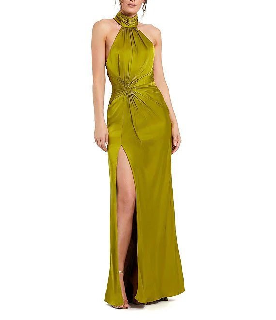 Affordable Party Dress Online Sale -Satin Halter Mock Neck Sleeveless Side Ruched Gown Backless Evening Dresses