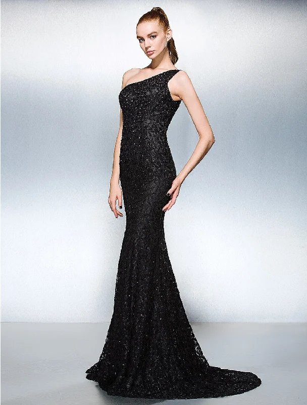 Stretch Party Dress for Fit -Sheath / Column Sparkle & Shine Dress Holiday Cocktail Party Court Train Sleeveless One Shoulder Lace with Beading