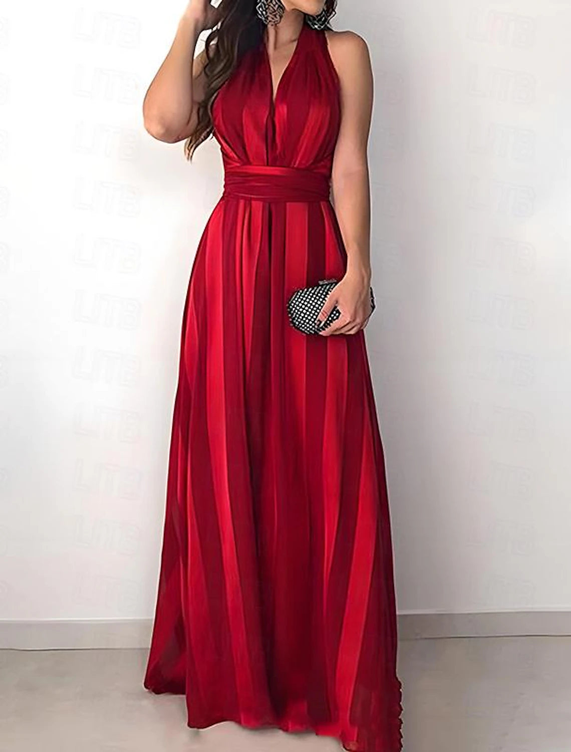 Mesh-Panel Party Dress -Women's Red Christmas Dress Party Dress New Year's Eve Dress Cocktail Dress Semi Formal Dress Long Dress Red Sleeveless Striped Print Summer Spring V Neck Party Party Spring Dress