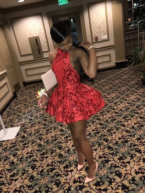 Backless Short Homecoming Dresses for Black Girls Sequins African Graduation Dress Mini Cocktail Party Dress c3304