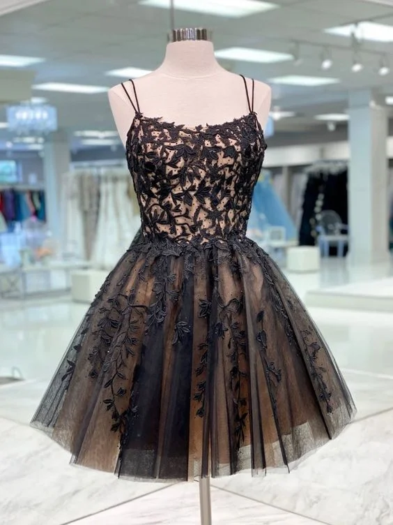 Ruffle-Front Party Dress -cocktail black lace applique short spaghetti strap beaded tulle cheap homecoming dresses c3310