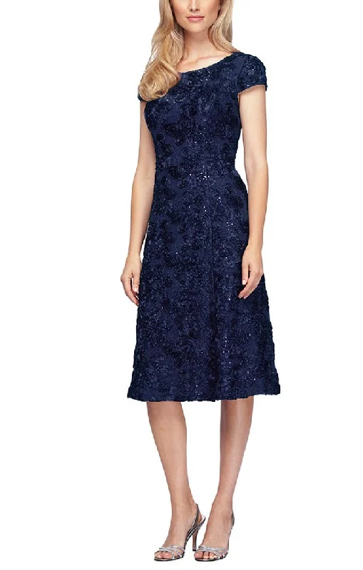 Rosette Sequin Lace Tea-Length Cocktail Dress with Cap Sleeves