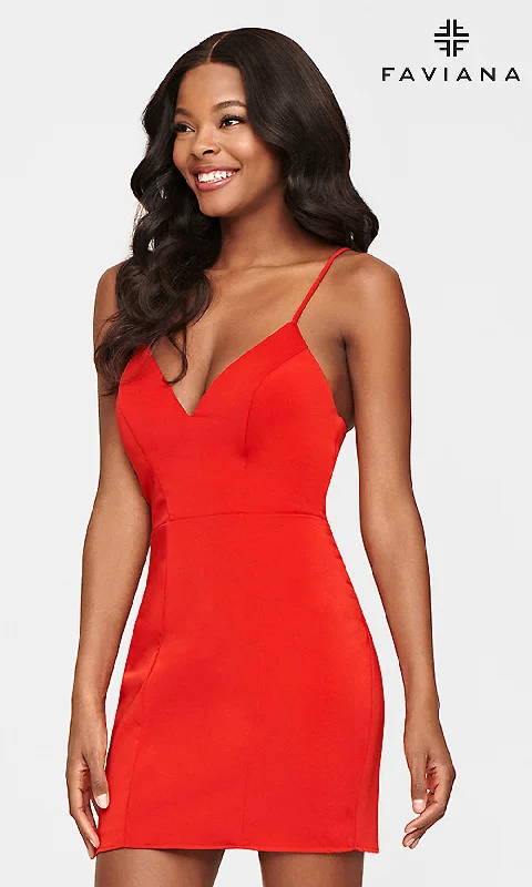 Side-Ruffle Party Dress -Corset-Back Faviana Short Red Cocktail Party Dress