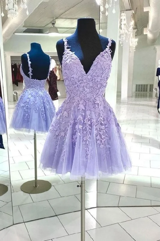 Loose-Edge Party Dress -New Lavender v neck tulle lace short prom dresses Back Open cocktail dress C1172