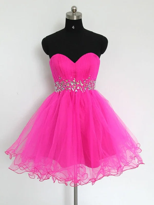 Cross-Edge Party Dress -Off Shoulder Fuchsia Tulle Short Homecoming Dress , Cute Beaded Cocktail Party Dress cc06