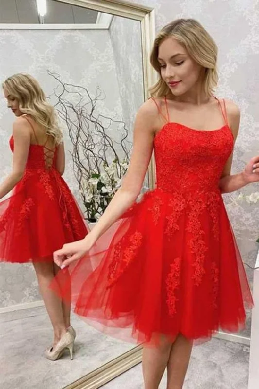 Mesh-Edge Party Dress -Red Lace Applique Spaghetti Straps Homecoming Dresses, Red Tulle Short Prom Dress,Cocktail Dress c2832