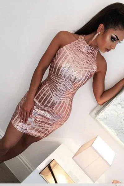 Shift-Back Party Dress -Sexy Rose Gold Jewel Sheath Mini Short Dresses Homecoming Dress Cocktail Dress c3322