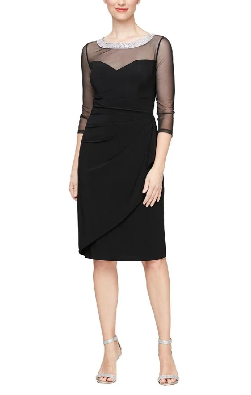 Swing-Edge Party Dress -Sheath Matte Jersey Cocktail Dress with Embellished Sweetheart Illusion Neckline and Cascade Skirt