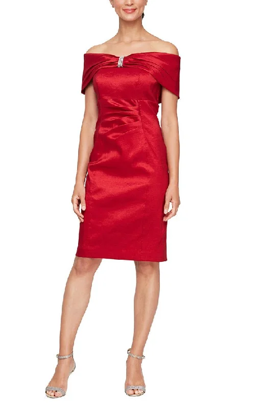 Short Off-the-Shoulder Sheath Stretch Taffeta Cocktail Dress with Embellished Neckline