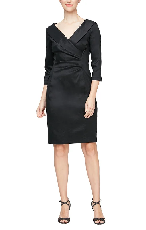 Bow-Front Party Dress -Short Sheath Stretch Taffeta Cocktail Dress with Portrait Collar and Ruched Waist Detail