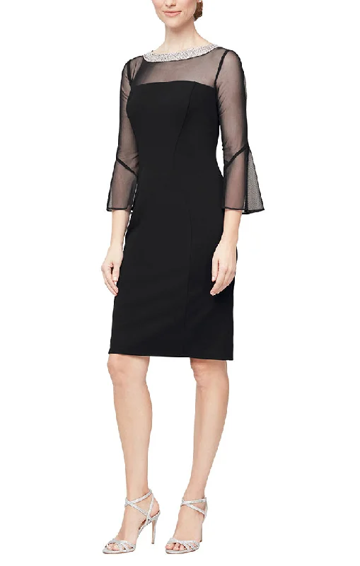 Flounce-Back Party Dress -Short Sheath Crepe Cocktail Dress with Beaded Illusion Neckline & Bell Sleeves