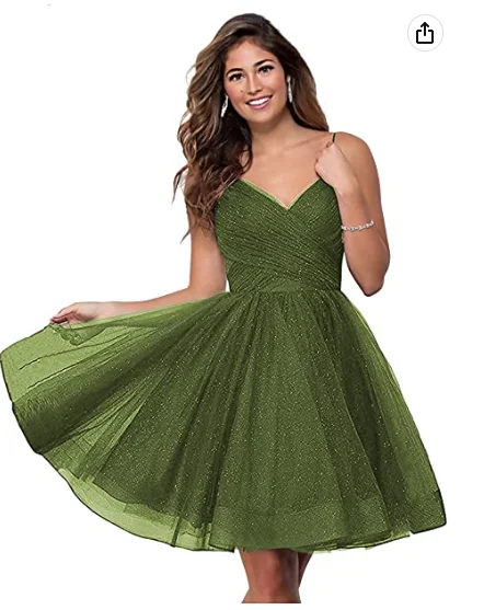 Swing-Back Party Dress -Short V-Neck Tulle Homecoming Dresses Sparkly for Teens Spaghetti Straps Cocktail Dresses c2679