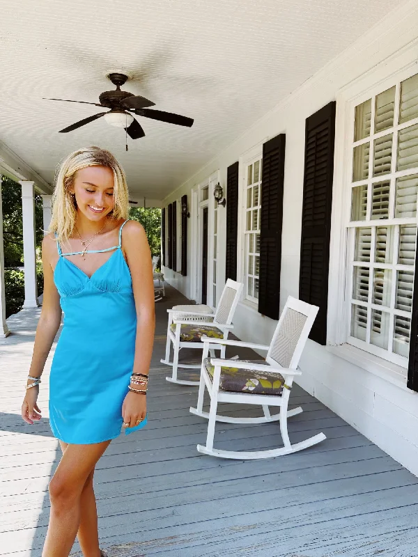 Mini Dresses with Beaded Fringes -Added Contrast Satin Dress - Aqua Blue