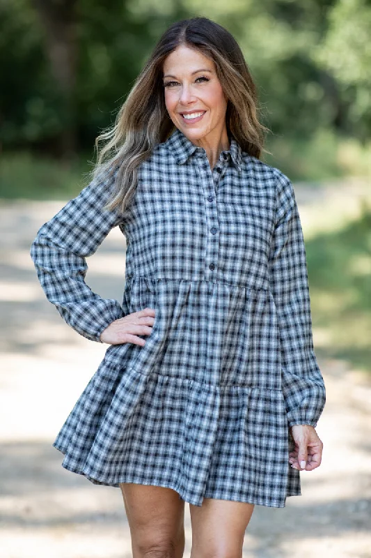 Mini Dresses for Coffee Fun -Black and Grey Gingham Long Sleeve Dress