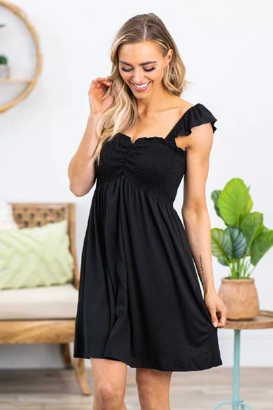 Mini Dresses with Snap Buttons -Black Smocked Bodice Sweetheart Neck Dress