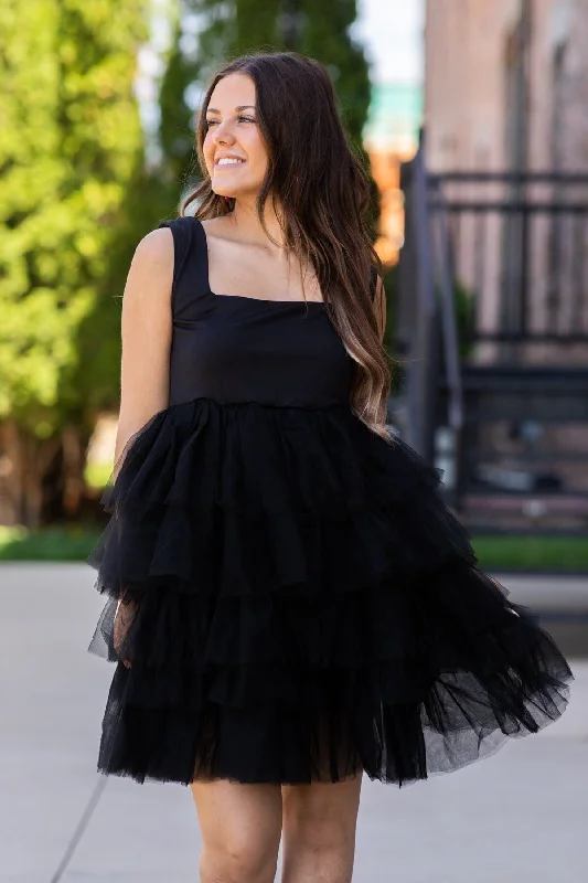 Mini Dresses with Bare Backs -Black Square Neck Tulle Skirt Dress