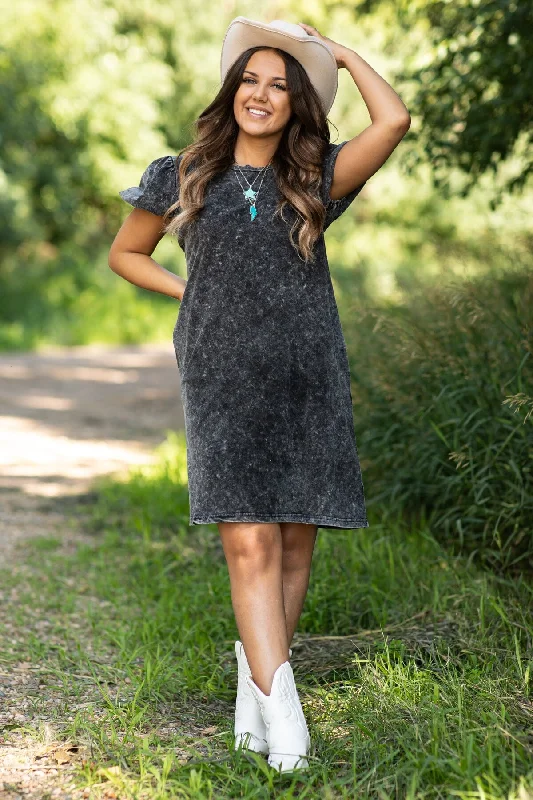 Mini Dresses with Bold V-Necks -Black Washed Puff Sleeve Dress With Pockets