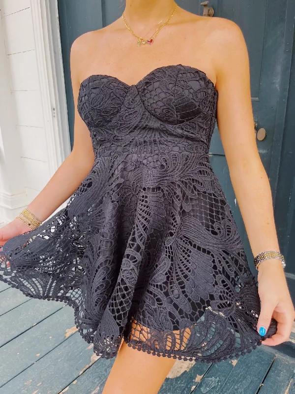 Mini Dresses for Outdoor Events -Bonjour Lace Strapless Dress - Black