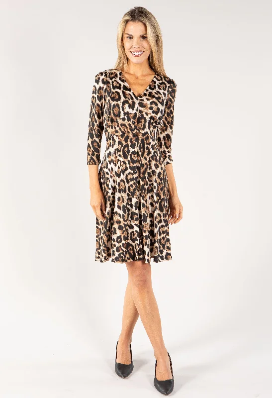 Mini Dresses for Game Nights -Buttoned V Neck Leopard Print Dress