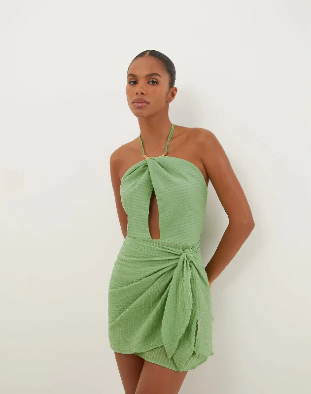 Mini Dresses with Ruffled Necks -Camille Detail Short Dress - Aloe