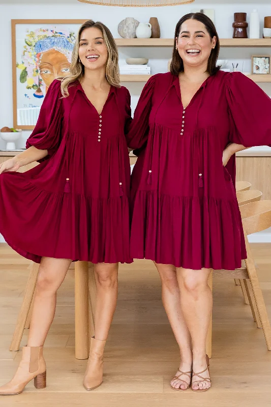 Mini Dresses with High Necks -Christina Dress Wine