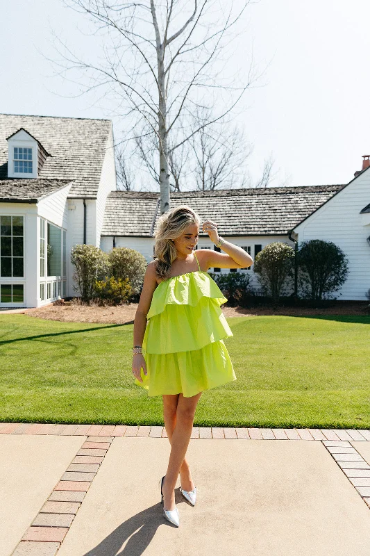 Mini Dresses in Suede Finish -Come To Me Flounce Tiered Dress - Lime